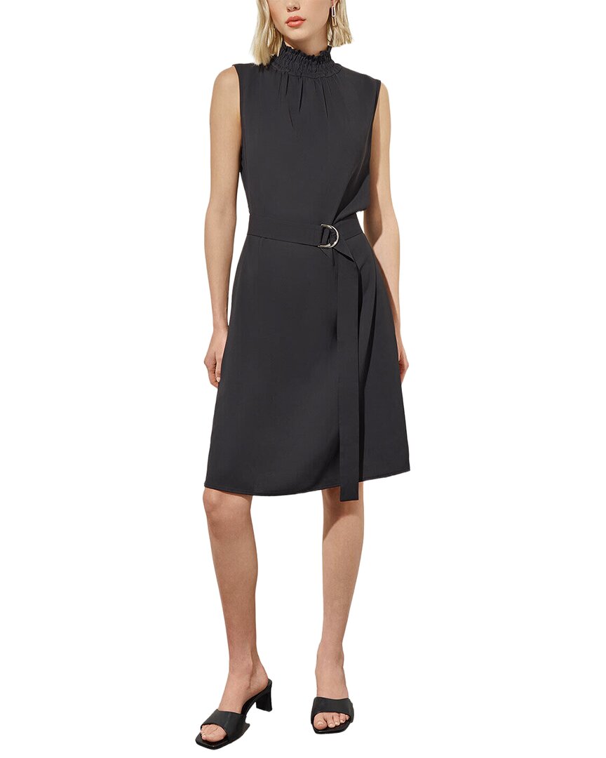 Ming Wang Ruffle Mock Neck Crepe De Chine A-Line Dress