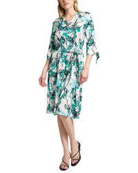 Ming Wang Printed Charmeuse Tie-Sleeve A-Line Dress
