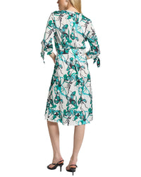 Ming Wang Printed Charmeuse Tie-Sleeve A-Line Dress