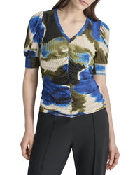 Dkny Puff Sleeve Printed Hacci Top