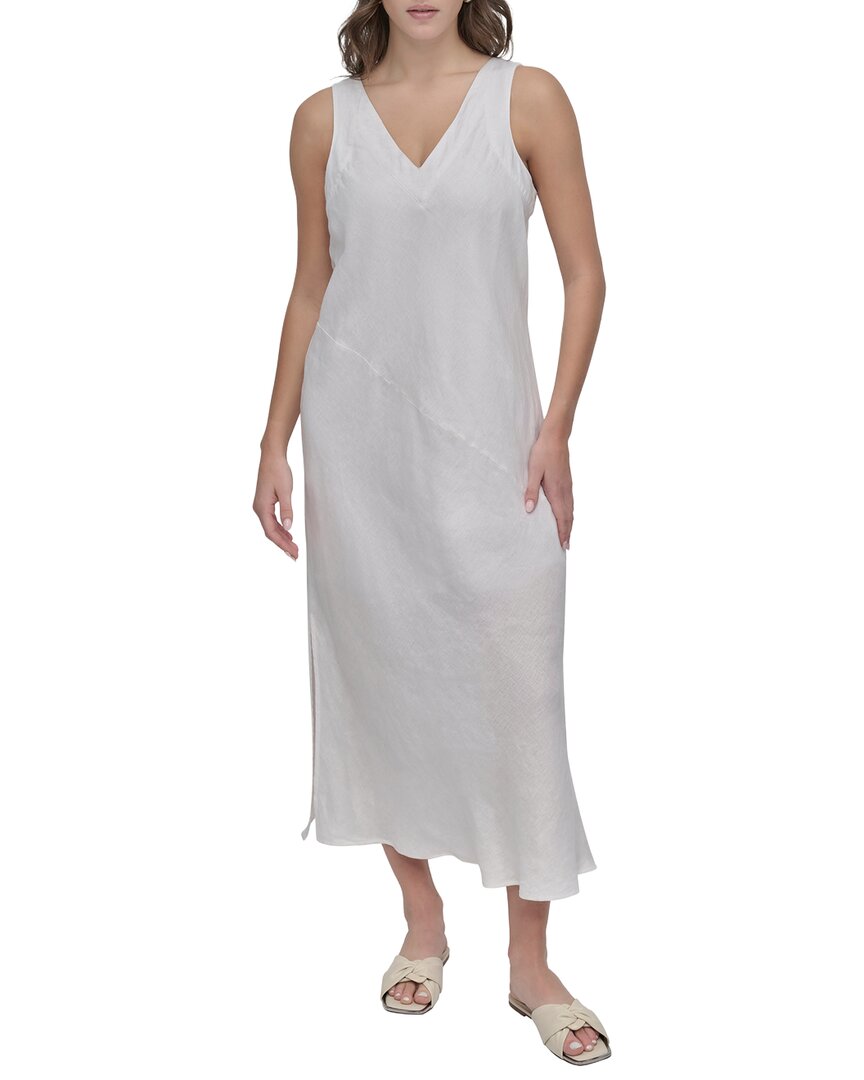 dkny white linen dress DKNY Women's Linen-Blend Lace-Trimmed MIDI Dress in Coconut