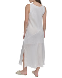 Dkny V Neck Panel Linen Midi Dress