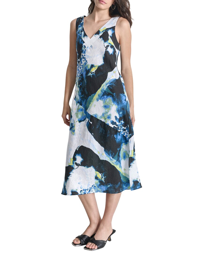 Dkny V Neck Panel Linen Midi Dress