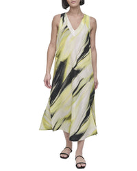 Dkny V Neck Panel Print Linen Midi Dess