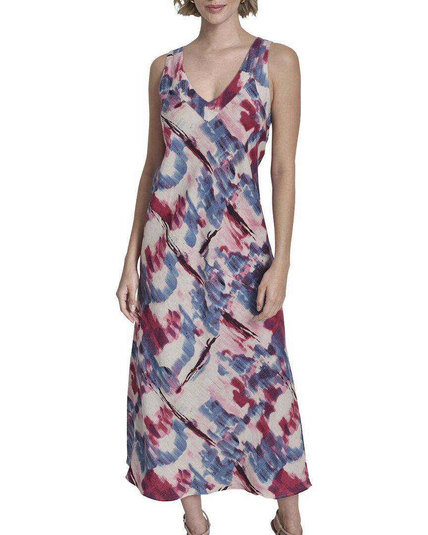 Dkny V Neck Panel Printed Linen Midi Dress