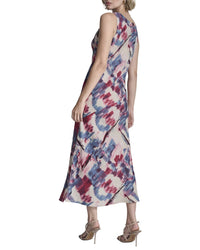 Dkny V Neck Panel Printed Linen Midi Dress