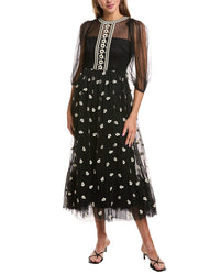 Red Valentino Embroidered Flower Tulle Midi Dress