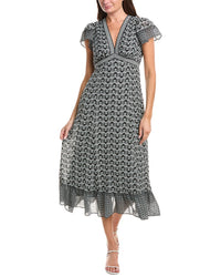 Max Studio V-Neck Ruffle Sleeve & Hem Midi Dress