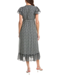 Max Studio V-Neck Ruffle Sleeve & Hem Midi Dress