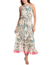 Max Studio Georgette Embroidered Neck Smocked Maxi Dress