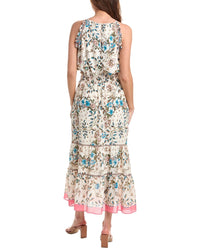 Max Studio Georgette Embroidered Neck Smocked Maxi Dress