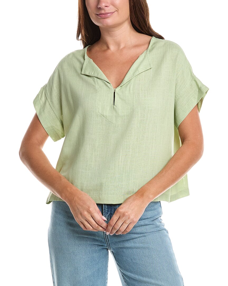 Max Studio Short Sleeve Split Neck Linen-Blend Top