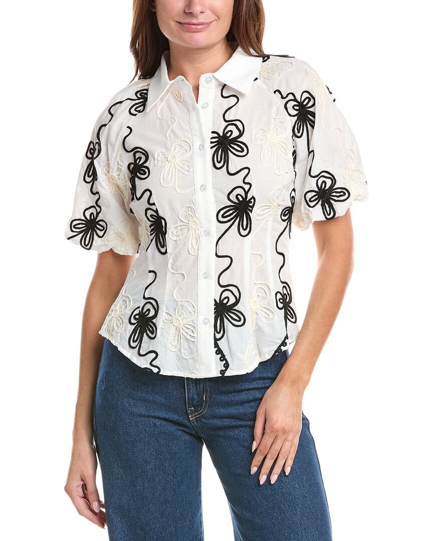 Gracia Flower Stitch Puff Sleeve Shirt