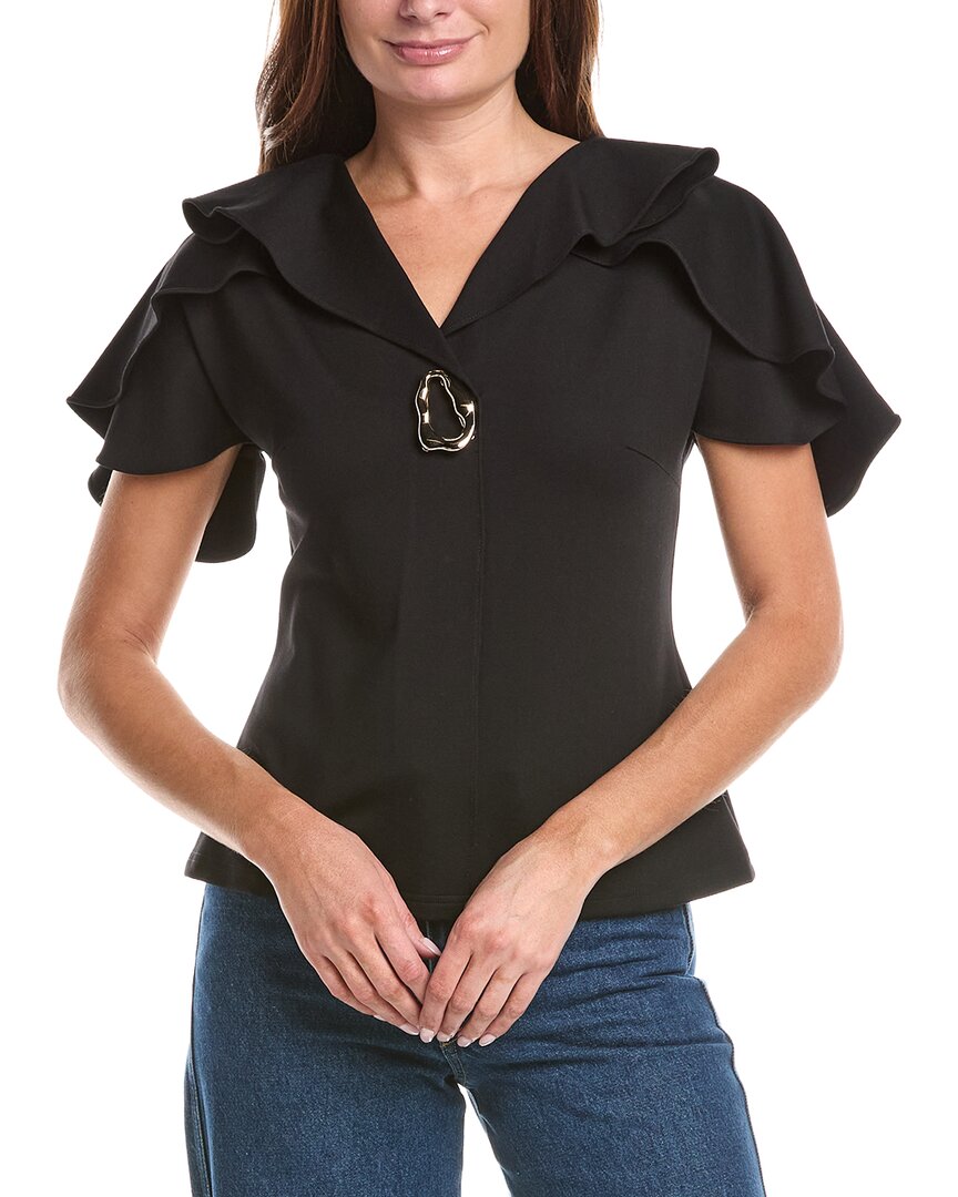Gracia Ruffled Neck & Sleeve Brooch Detail Top