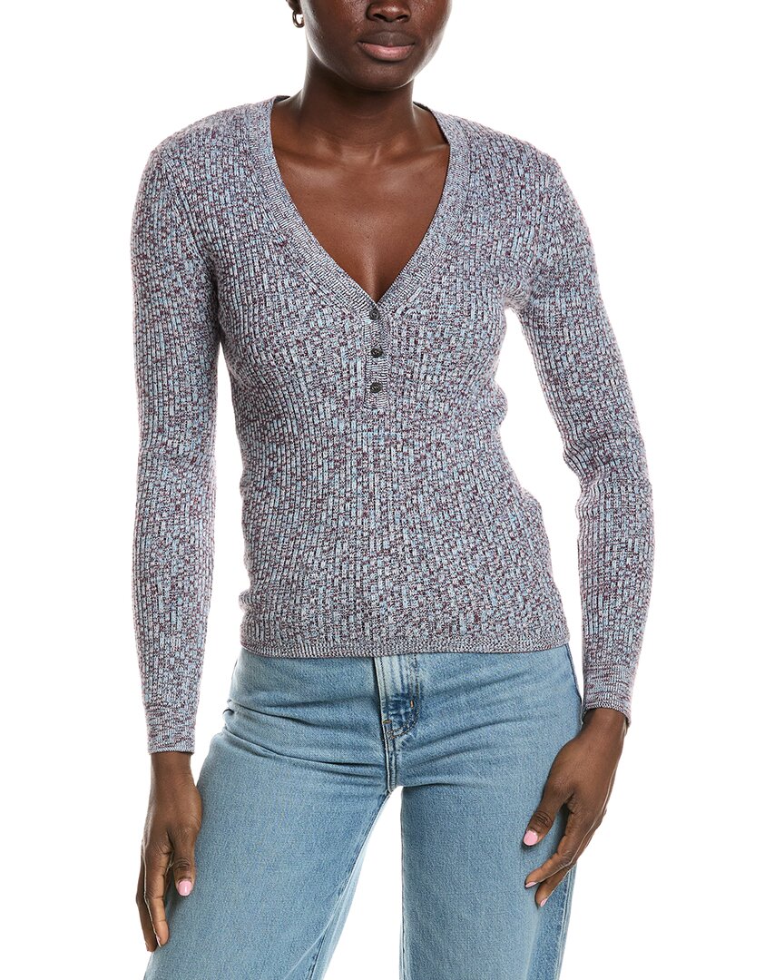 Minnie Rose Minnie Rose Cashmere-Blend Rib Marled Henley Cardigan
