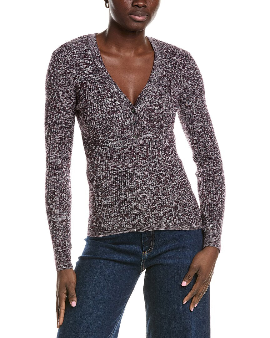 Minnie Rose Cashmere-Blend Rib Marled Henley Cardigan