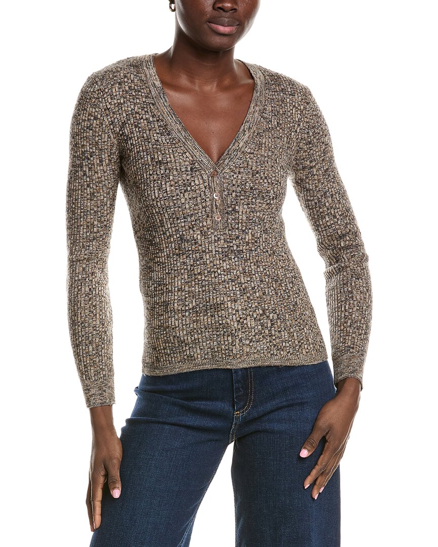 Minnie Rose Cashmere-Blend Rib Marled Henley Cardigan