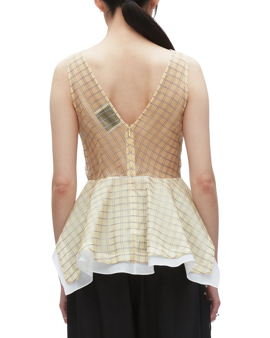 3.1 Phillip Lim Plaid Organza Sleeveless V-Neck Flounce Silk Top
