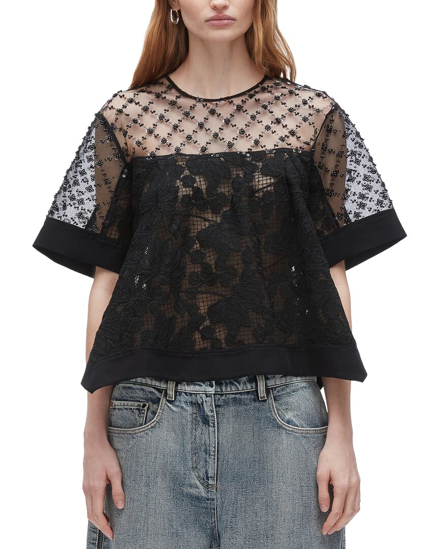 3.1 Phillip Lim Corded Lace Organza Short Sleeve Flounce Top