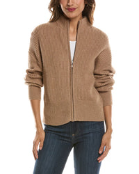 Forte Cashmere Rib Zip Mock Neck 100% Cashmere Cardigan