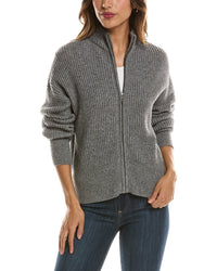 Forte Cashmere Rib Zip Mock Neck 100% Cashmere Cardigan