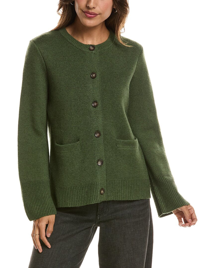 Forte Cashmere Double Knit Button Crew Wool & Cashmere-Blend Cardigan