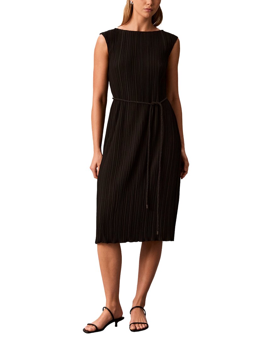 Calvin Klein Belted Pleated Boat Neck Midi Dress