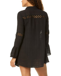 Anne Cole Button Up Bell Sleeve Crochet Trim Cover-Up