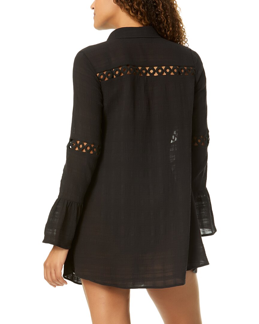 Anne Cole Button Up Bell Sleeve Crochet Trim Cover-Up