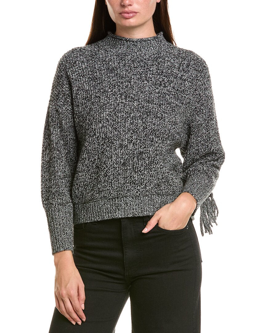 Hannah Rose Merino Wool Marled Fringe Mock Neck Sweater