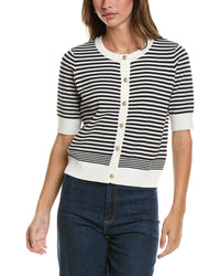Adrianna Papell Crewneck Button Down Striped Textured Cardigan