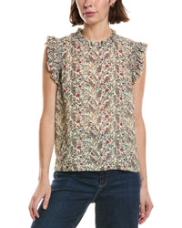 T Tahari T Tahari Shirred Ruffle Sleeve Printed Woven Top