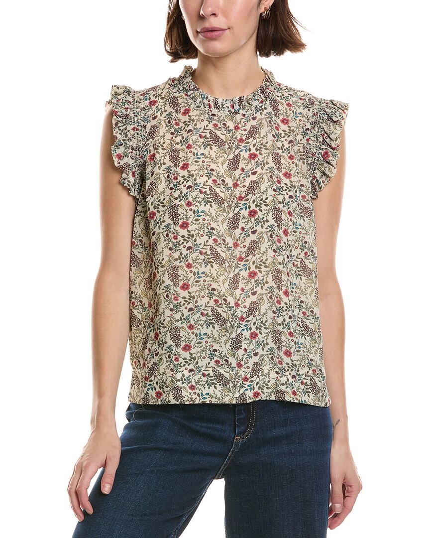 T Tahari T Tahari Shirred Ruffle Sleeve Printed Woven Top
