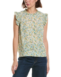 T Tahari T Tahari Shirred Ruffle Sleeve Printed Woven Top