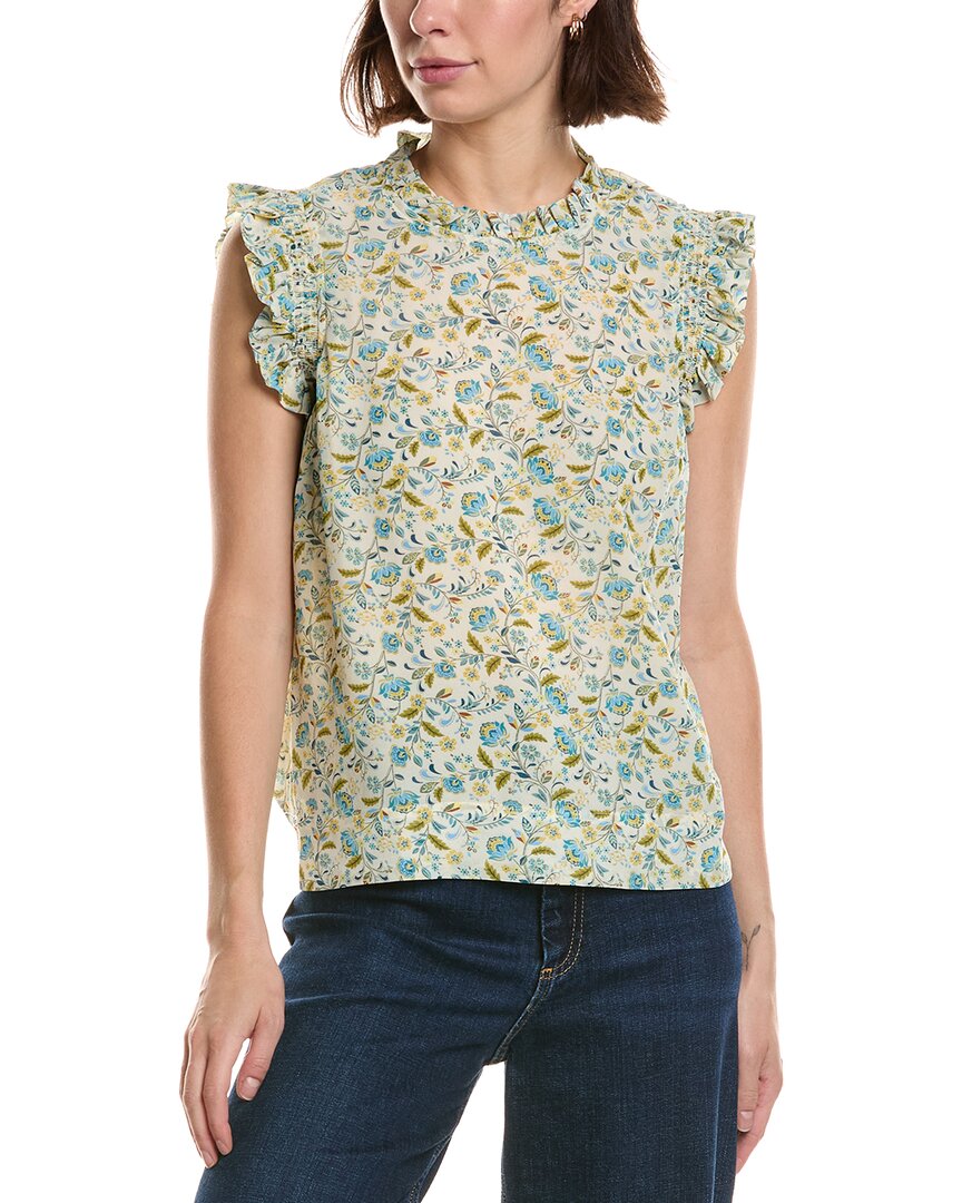 T Tahari T Tahari Shirred Ruffle Sleeve Printed Woven Top