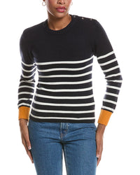 Brodie Cashmere Brodie Cashmere Button Stripe Crewneck Cashmere-Blend Sweater
