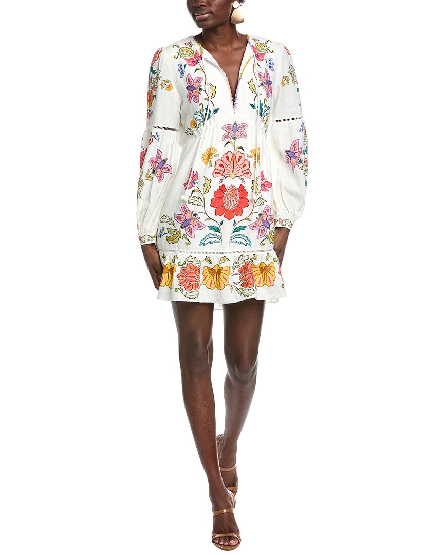 FARM Rio Farm Rio Floral Insects Off White Linen-Blend Mini Dress