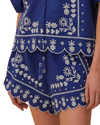 FARM Rio Farm Rio Linen-Blend Navy Blue Embroidered Shorts