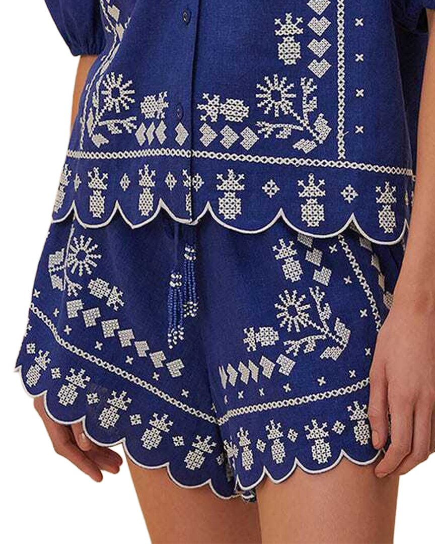 FARM Rio Farm Rio Linen-Blend Navy Blue Embroidered Shorts