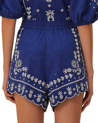 FARM Rio Farm Rio Linen-Blend Navy Blue Embroidered Shorts