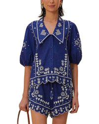 FARM Rio Farm Rio Linen-Blend Navy Blue Embroidered Short Sleeve Shirt