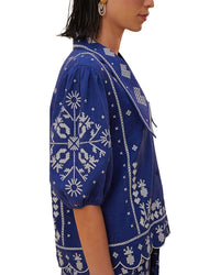 FARM Rio Farm Rio Linen-Blend Navy Blue Embroidered Short Sleeve Shirt
