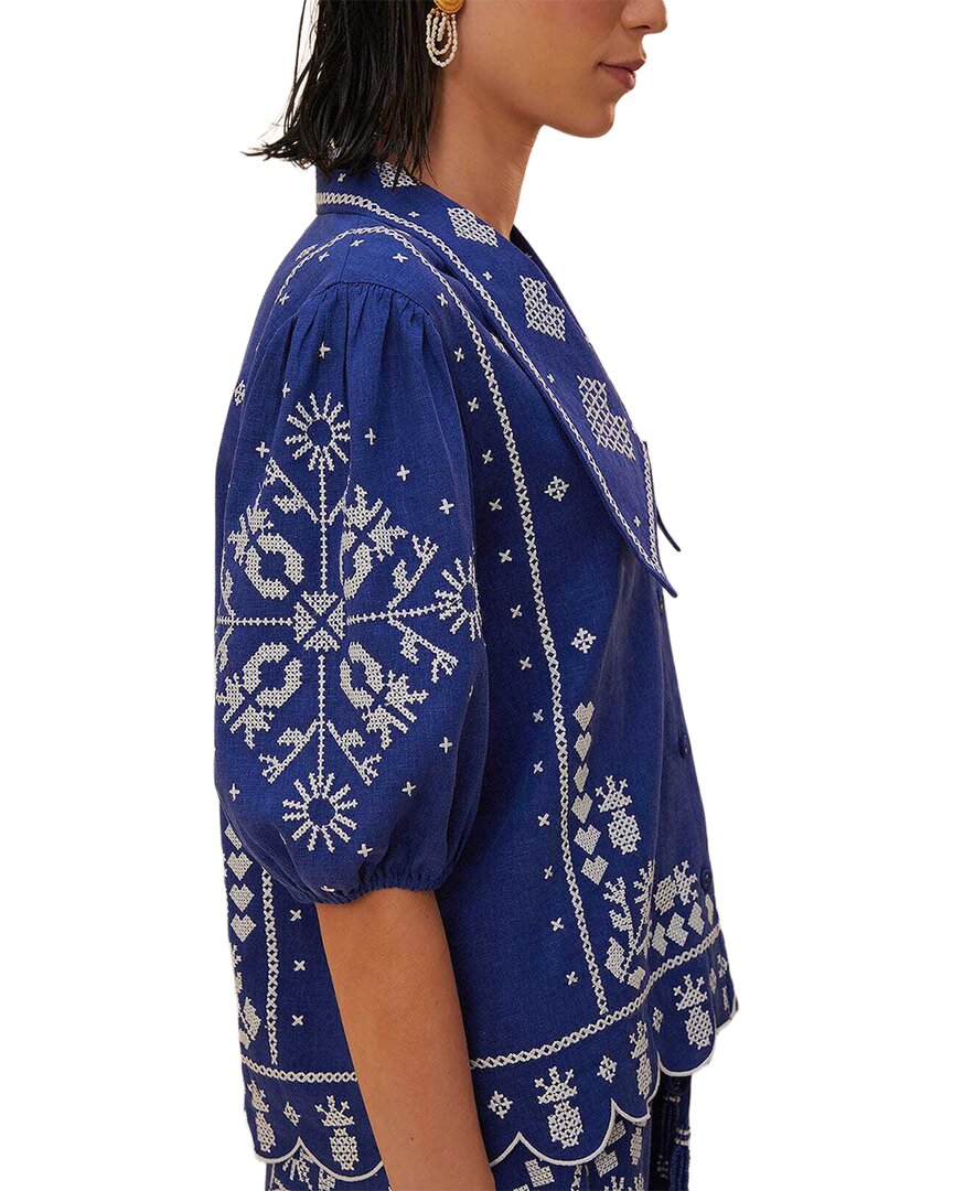 FARM Rio Farm Rio Linen-Blend Navy Blue Embroidered Short Sleeve Shirt