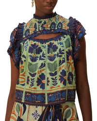 FARM Rio Farm Rio Ocean Tapestry Green Sleeveless Blouse