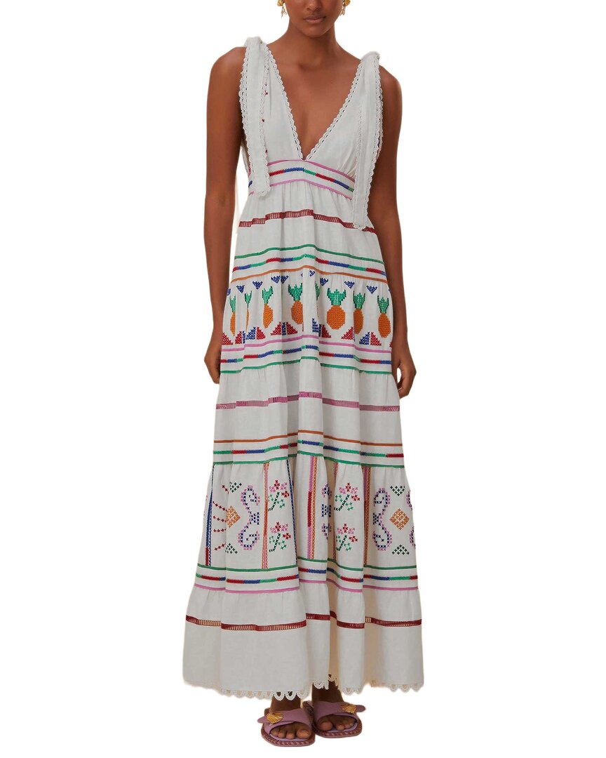 FARM Rio Farm Rio Linen-Blend Off-White Embroidered Maxi Dress