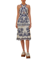 FARM Rio Farm Rio Linen-Blend Off-White Richelieu Sleeveless Cut Out Midi Dress