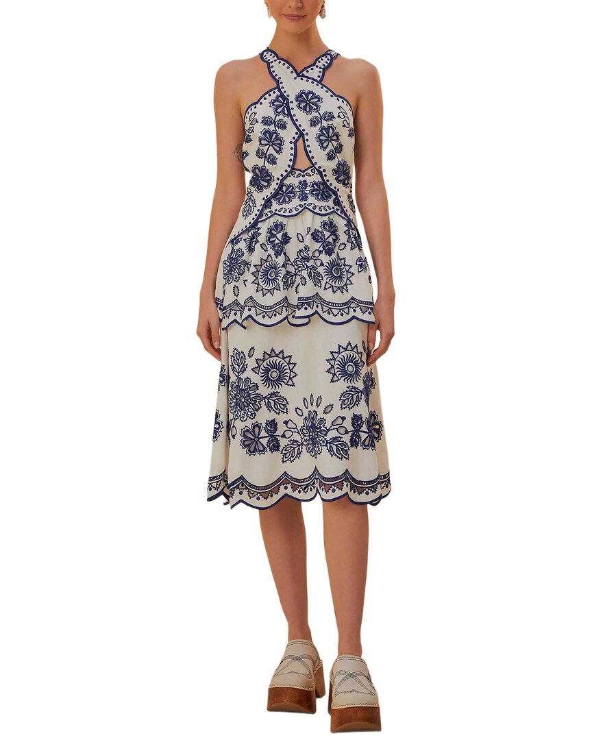 FARM Rio Farm Rio Linen-Blend Off-White Richelieu Sleeveless Cut Out Midi Dress
