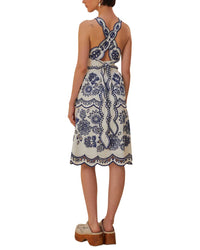 FARM Rio Farm Rio Linen-Blend Off-White Richelieu Sleeveless Cut Out Midi Dress