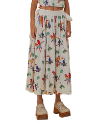FARM Rio Farm Rio Off-White Stitched Birds Side Bow Midi Skirt