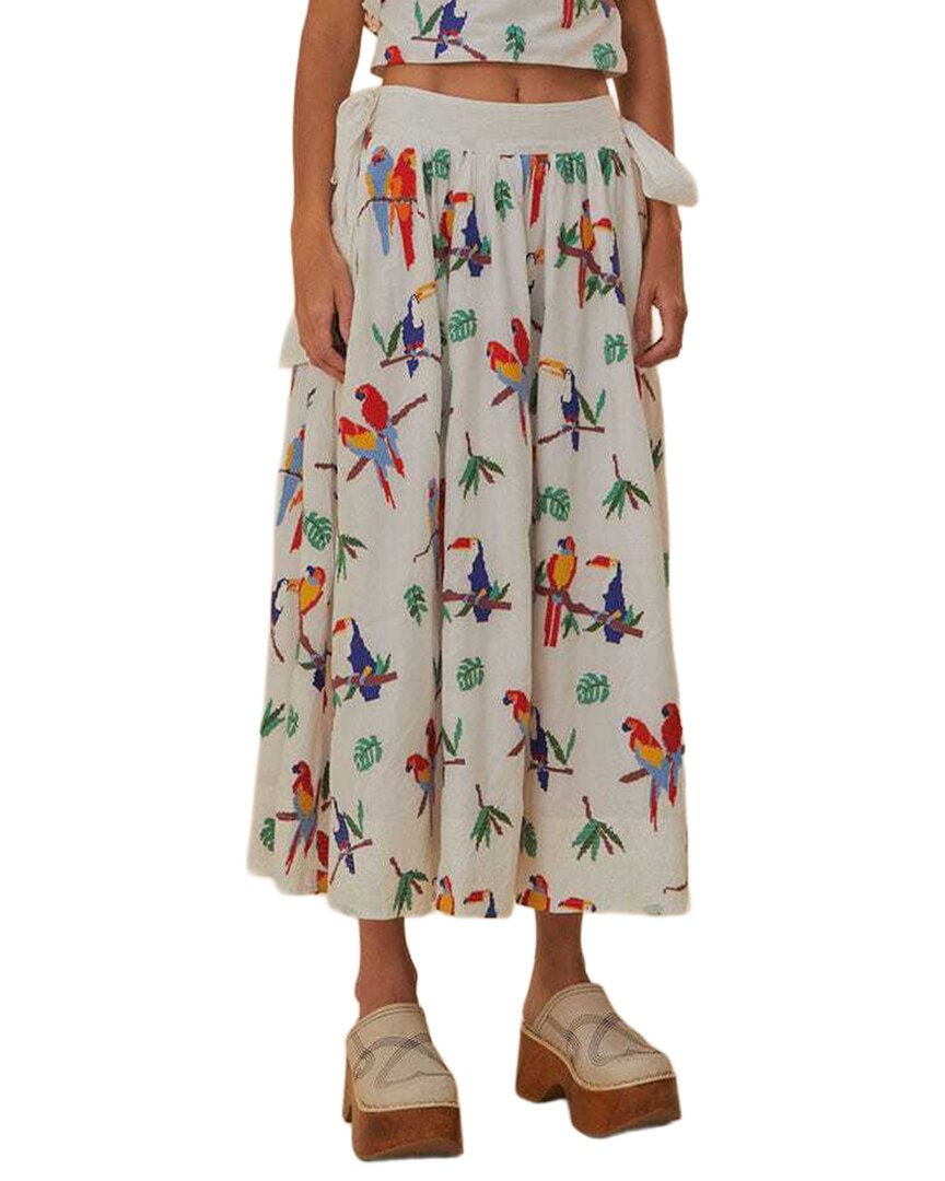 FARM Rio Farm Rio Off-White Stitched Birds Side Bow Midi Skirt